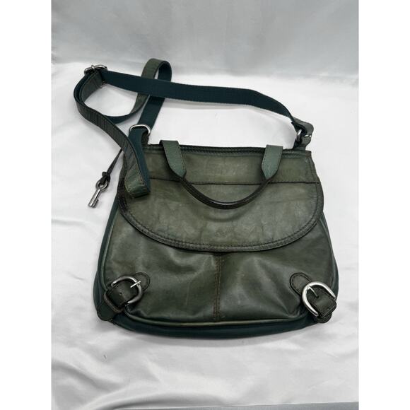 Fossil Lizette Teal Leather Canvas Messenger Crossbody Satchel Purse Distress - Picture 1 of 11